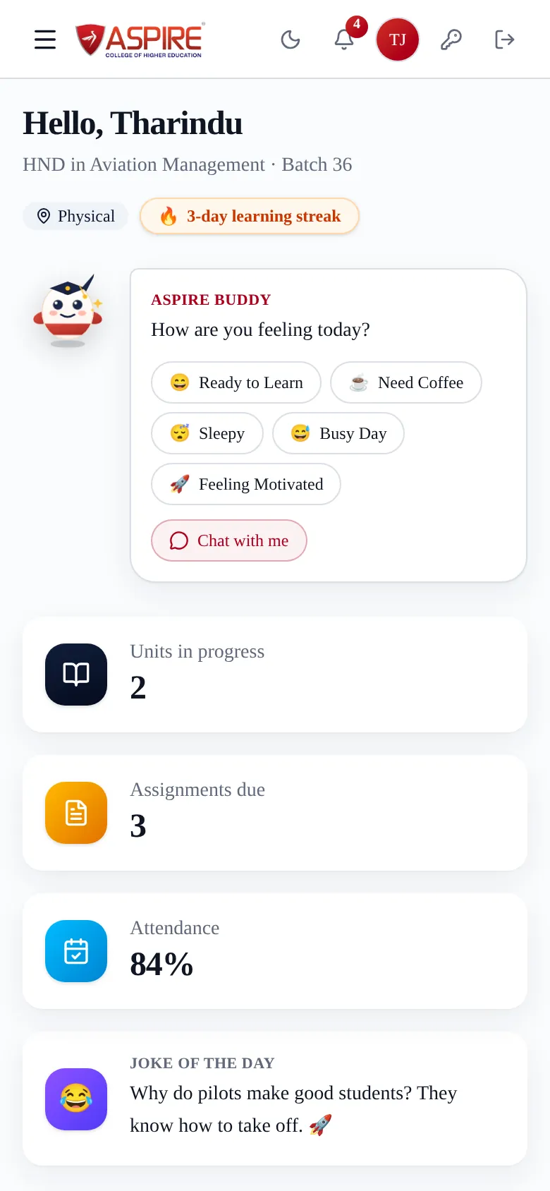 Aspire LMS student dashboard on mobile